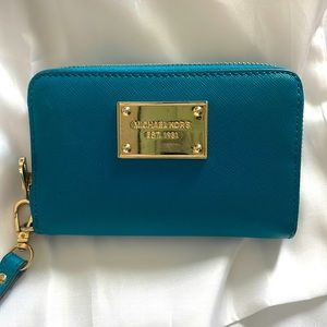 Michael Kors Teal Blue small hard card case Wristlet Wallet